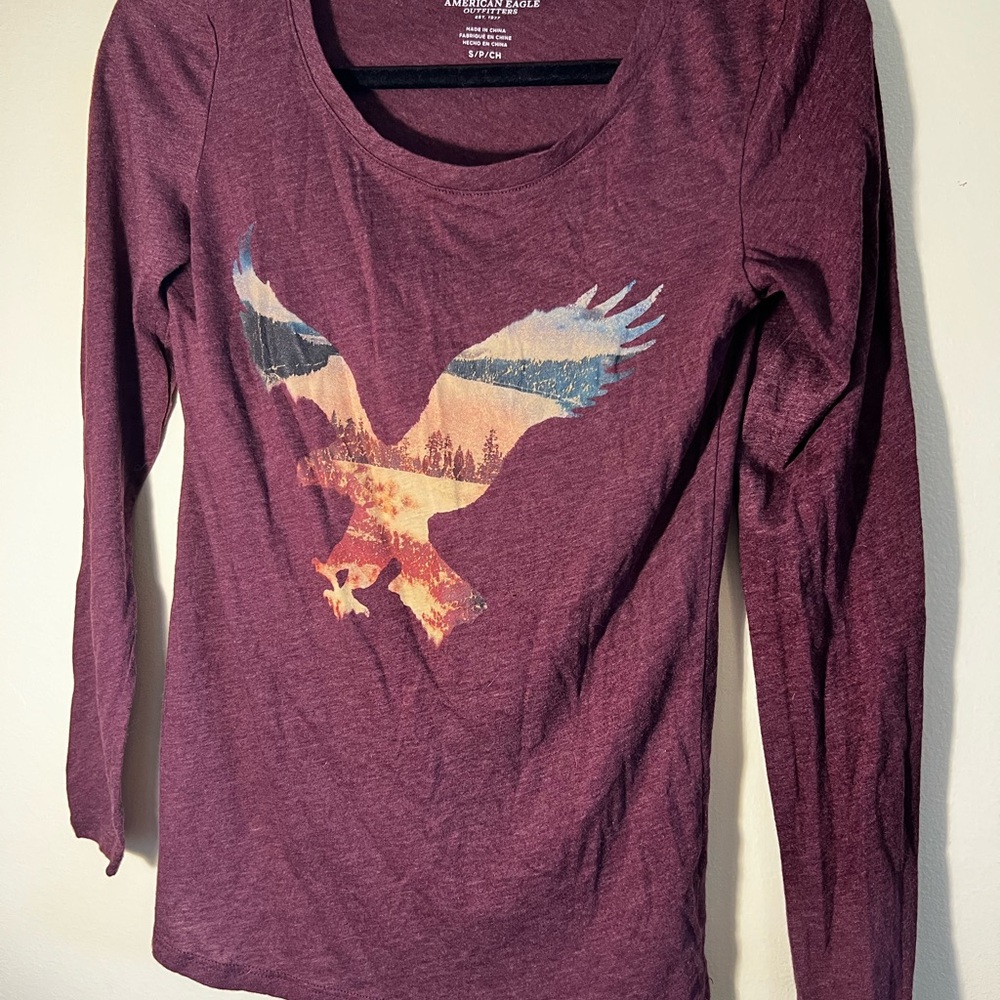 American Eagle Outfitters Maroon Long Sleeve Tee with Eagle Design